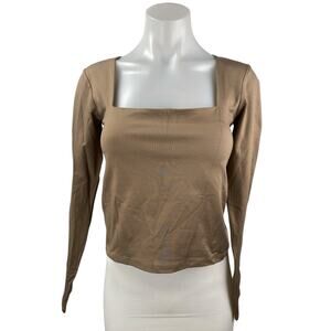 Stradivarius Women's Tan Square Neck Long Sleeve Stretch Blouse Crop Top Size L